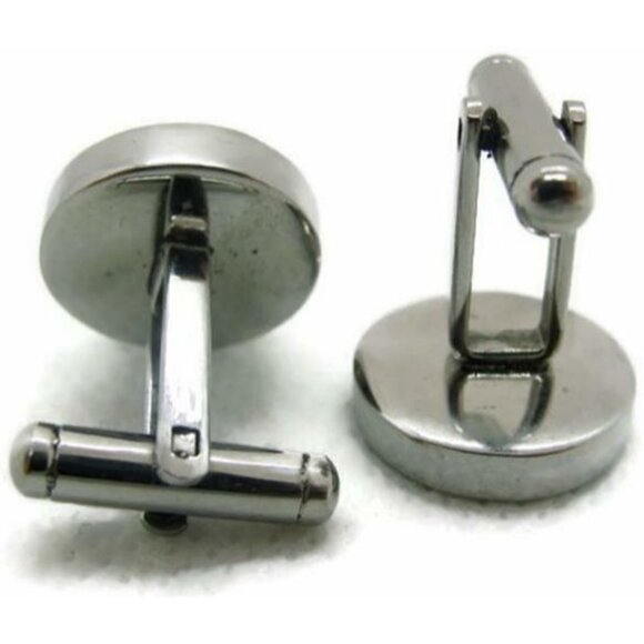 Smooth Flat Cuff Link Engraveable Bullet Black Round Silver Tone Men Cufflinks - Picture 4 of 8
